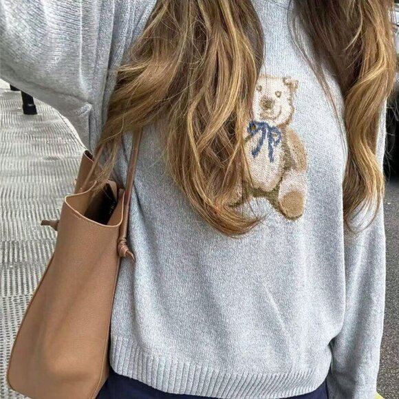 Gray Casual Women's Cute Cartoon Bear Round Neck Long Sleeve Knitted Sweater - Picture 2 of 7